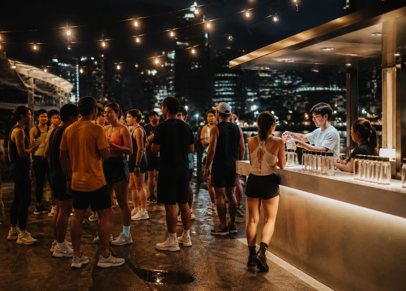 A brand hydration bar at an evening run club meet-up