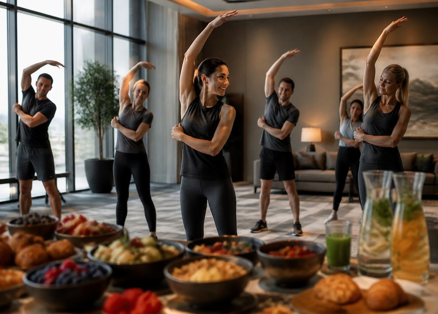 A company team taking part in a wellness morning with breakfast